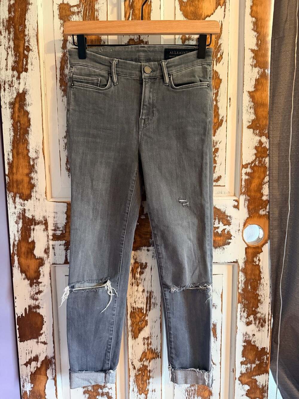 AllSaints Grunge Alt Rock Y2K High-Rise Distressed Skinny Grey Jeans Sz 26